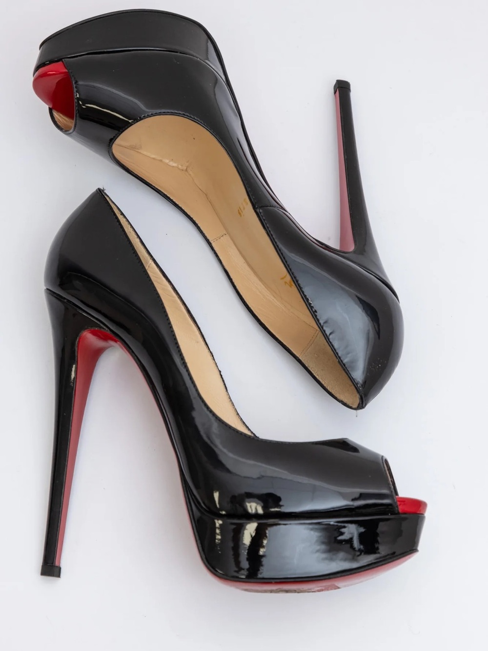 Christian Louboutin Black Patent Peep-Toe Stiletto with Red Sole